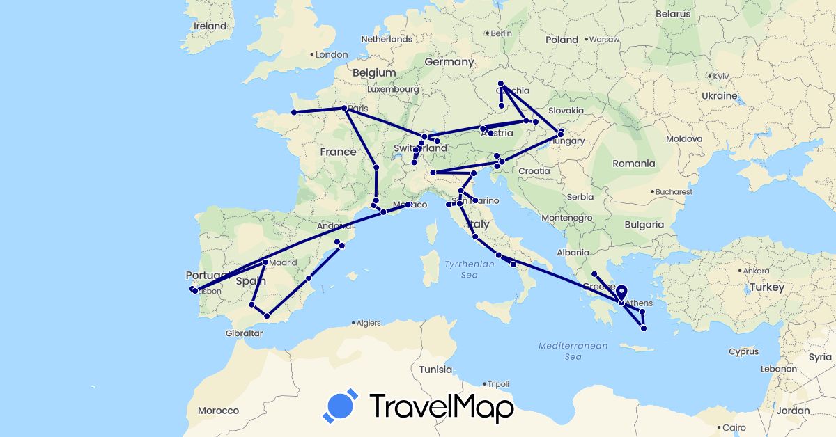 TravelMap itinerary: driving in Austria, Switzerland, Czech Republic, Spain, France, Greece, Hungary, Italy, Liechtenstein, Monaco, Portugal, Slovenia, Slovakia, San Marino, Vatican City (Europe)